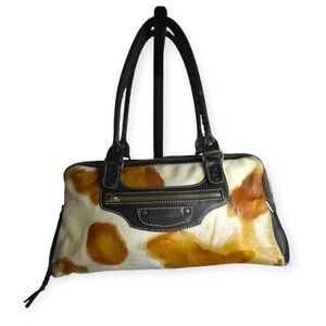 Italian Calf Hair Shoulder Bag Cow Print Leather Trim Zip Top Y2K